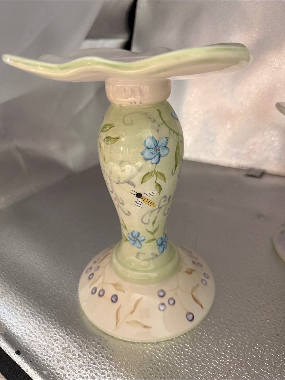 Hand-Painted Floral Ceramic Pillar Candle Holder in Beautiful Pastels